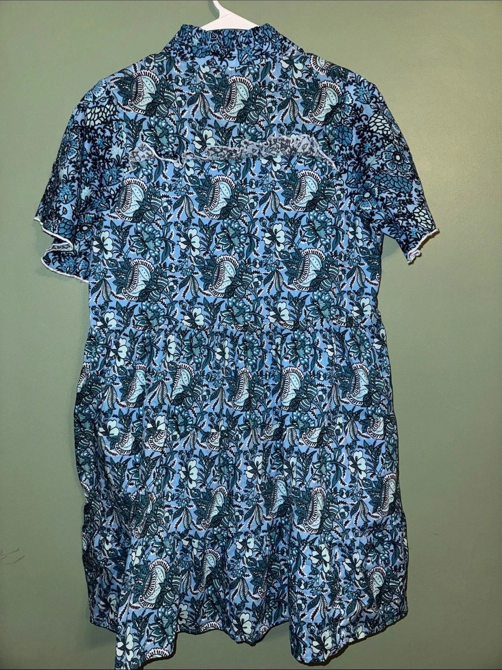 Ro’s Garden 100% Cotton Blue Block Print Short Sleeve Flutter Dress Medium - Picture 3 of 8